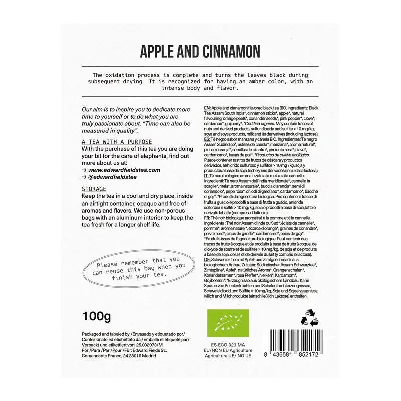 Edward Fields Tea Té Negro Ecológico A Granel Con Manzana Y Canela 50 Tazas , 100 gr