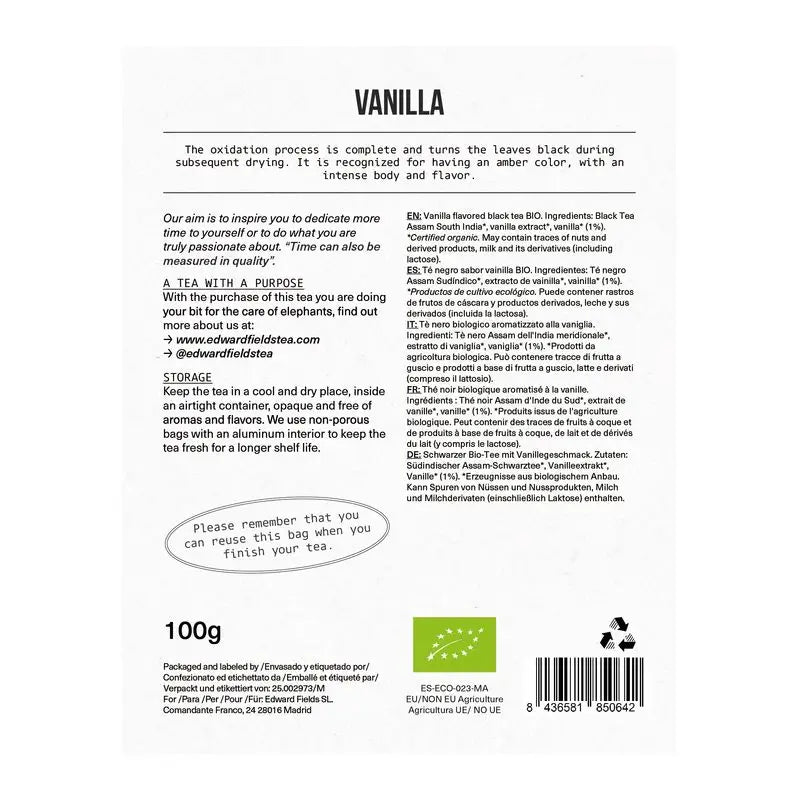 Edward Fields Tea Té Negro Ecológico A Granel Con Vainilla 50 Tazas , 100 gr