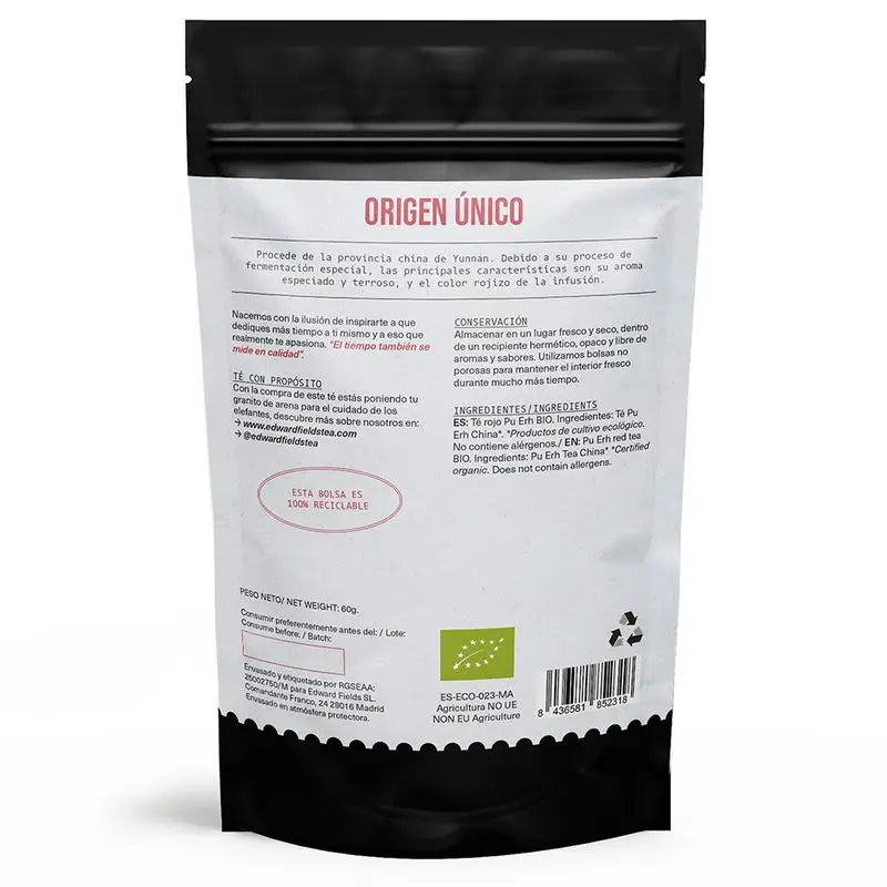 Edward Fields Tea Té Rojo Pu Erh Ecológico A Granel 30 Tazas , 60 gr