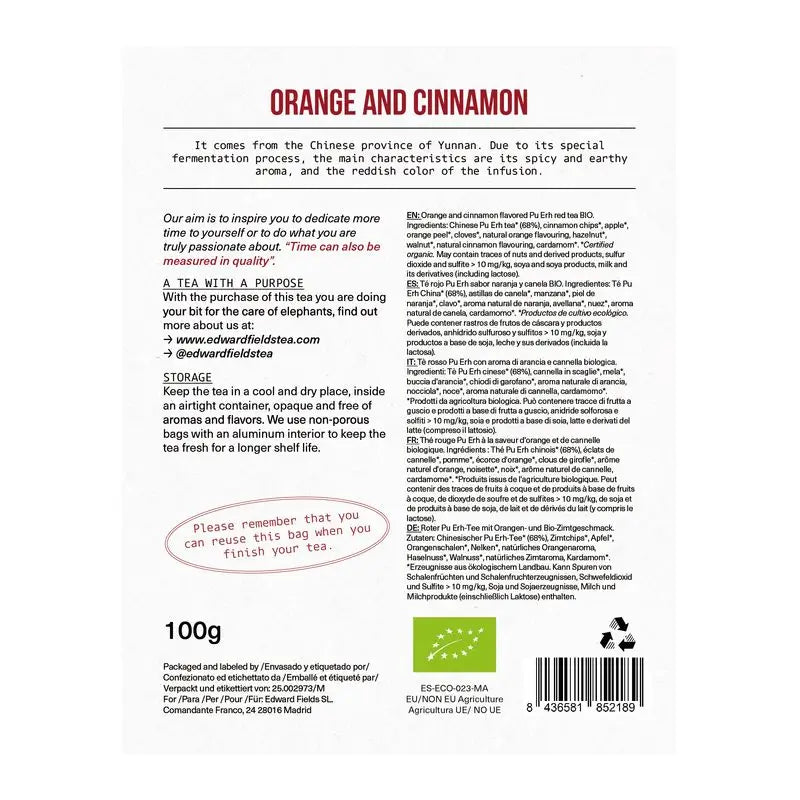 Edward Fields Tea Té Rojo Pu Erh Ecológico A Granel Con Canela Y Naranja 50 Tazas , 100 gr