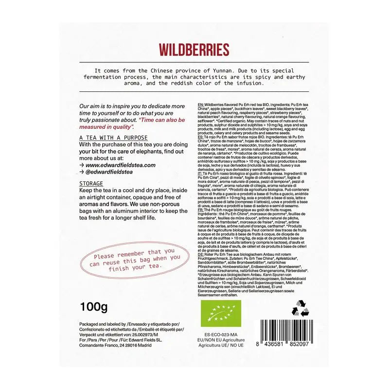 Edward Fields Tea Té Rojo Pu Erh Ecológico A Granel Con Frutos Rojos 50 Tazas , 100 gr