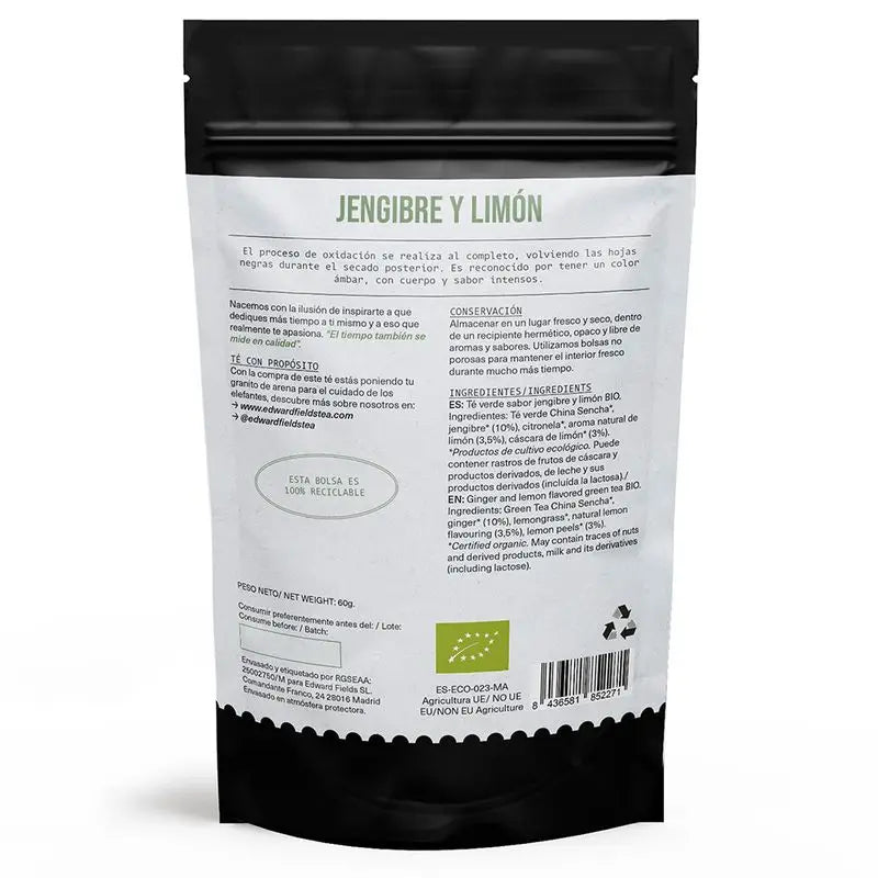 Edward Fields Tea Té Verde Ecológico A Granel Con Jengibre Y Limón 30 Tazas , 60 gr