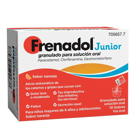 Frenadol Junior Antigripal, Alivio Sintomático de Gripes y Catarros, Niños, Sabor Naranja, Vía Oral, 10 sobres