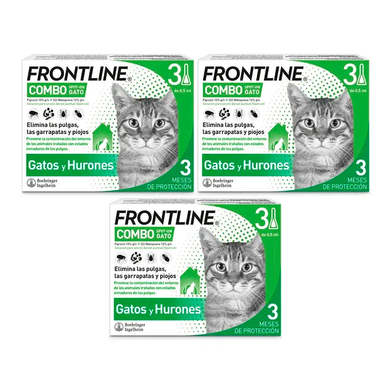Frontline Combo Gatos y Hurones, Pack 3 x 3 Pipetas x 0,5 ml