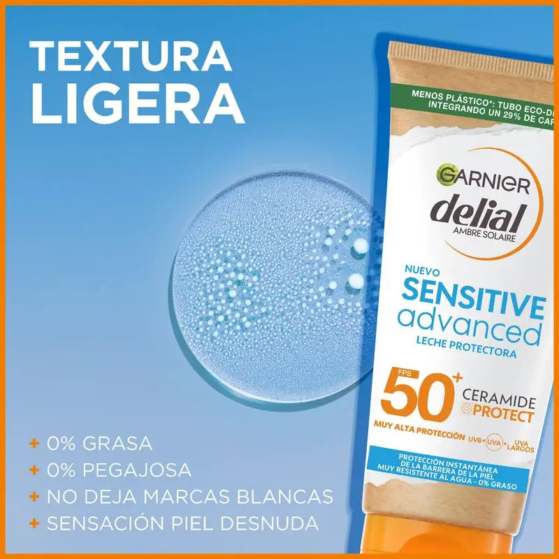 Garnier Delial Sensitive Advanced Leche Protector Solar Para Pieles Claras, Sensibles E Intolerantes Al Sol Ip50+ - 175 Ml.