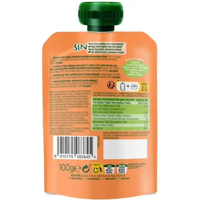 Hero Baby Pack Bolsita Manzana Melocotón Mango Eco, 18 X 100 Gr