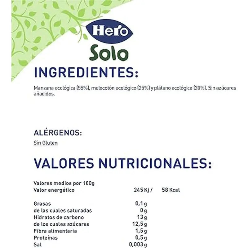 Hero Baby Tarrito Eco Solo Manzana, Melocotón Y Plátano 190G