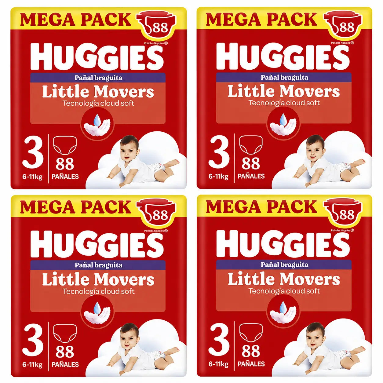 Huggies Little Movers Talla 3 (6-11 Kg) Pañal Braguita Para Bebé Disney , 88 unidades, pack 4