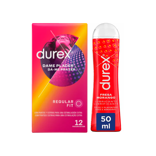 Durex Pack Dame Placer 12 Preservativos + Lubricante Fresa 50 ml
