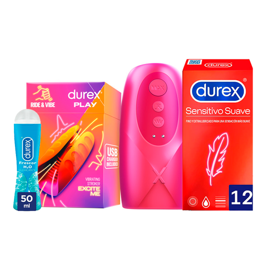 Durex Lubricante Frescor 50Ml + Ride&Vibe Masturbador De Pene + Preservativos Sensitivo Suave 12Uds