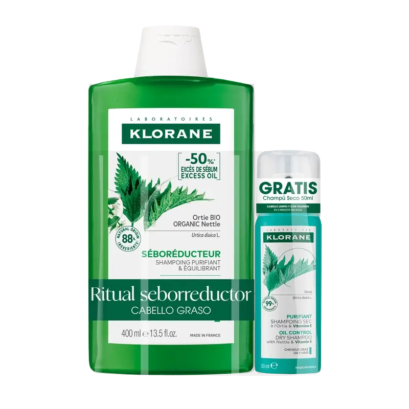 Klorane Pack Champú Seborregulador A La Ortiga Bio 400 Ml + Champú Seco Purificante A La Ortiga & Vitamina E 50 Ml