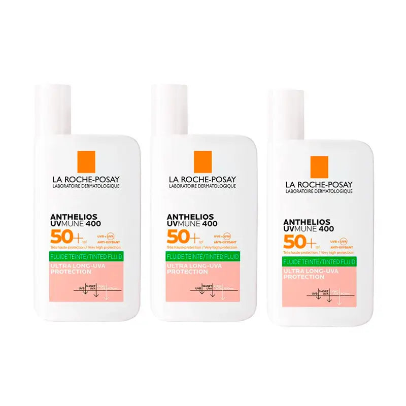 La Roche Posay Triplo Anthelios Uv-Mune 400 Oil Control Fluido Invisible Spf50+ Con Color, 3 X 50 Ml