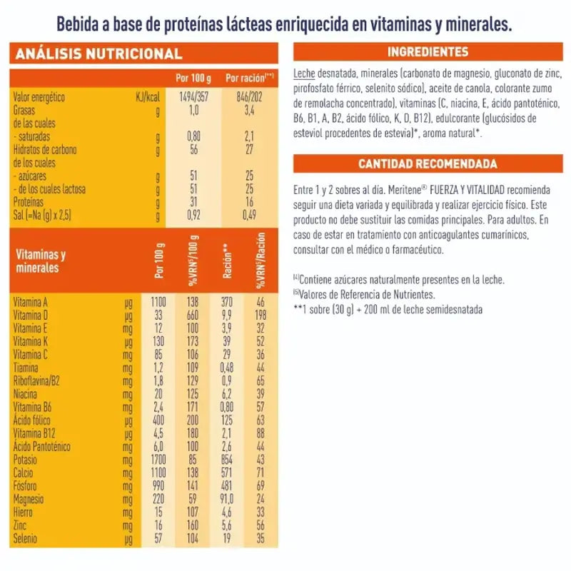 Meritene Fuerza y Vitalidad Batido Sabor Fresa, 15 sobres x 30 gr