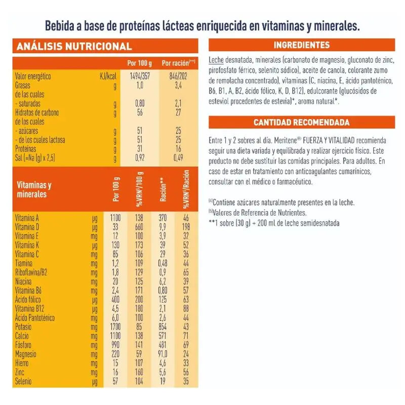 Meritene Fuerza Y Vitalidad Batido Sabor Fresa,2 x 15 sobres 30 gr