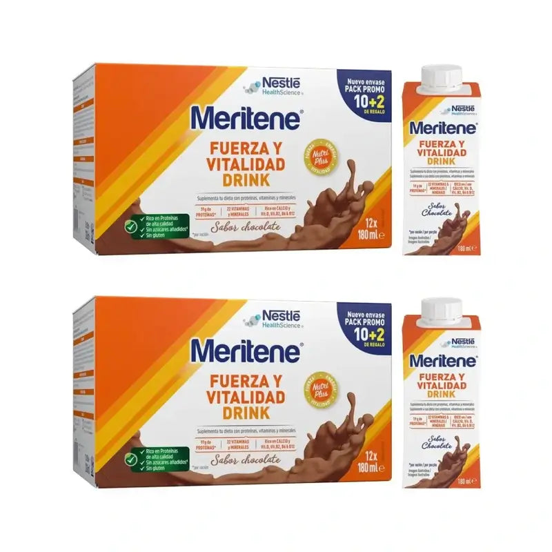 Meritene Fuerza Y Vitalidad Drink Chocolate, 10+2 x 180 Ml, Pack De 2