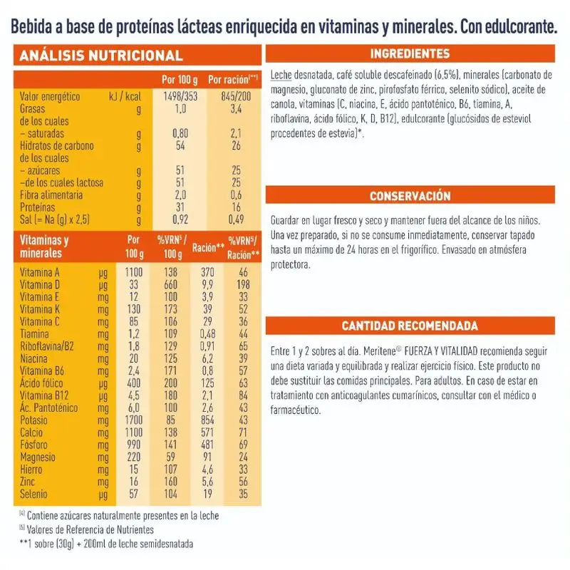 Meritene Fuerza y Vitalidad Batido Sabor Café Descafeinado,15 Sobres
