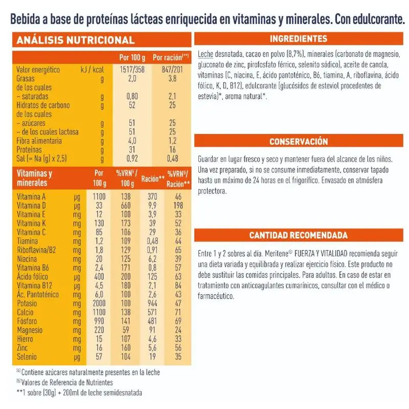 Meritene Fuerza Y Vitalidad Batido Sabor Chocolate 2x15 Sobres, 30 gr