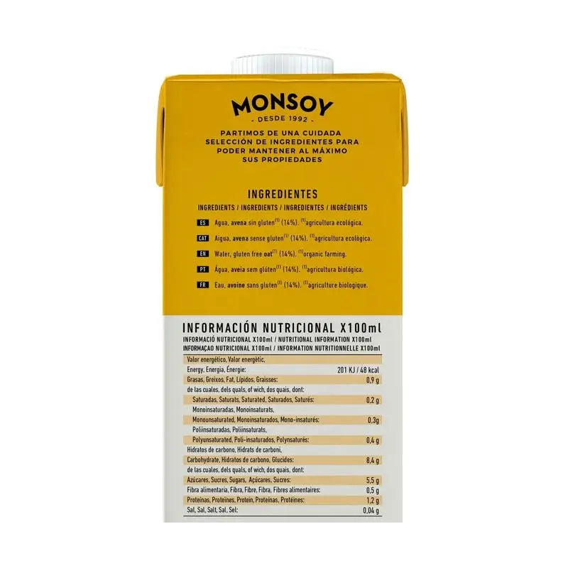 Monsoy Bebida Vegetal De Avena Sin Gluten 1Lt 1 Uds. Bio