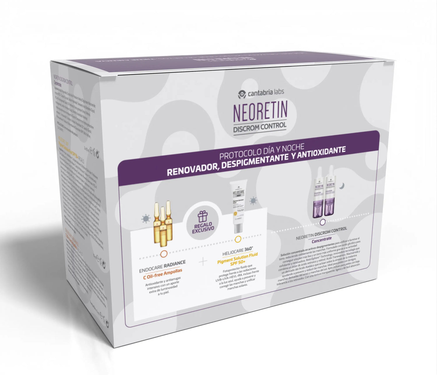 Neoretin Pack Discrom Concentred + Heliocare 360º Pigment solution SPF50+ Endocare Radiance Muestras