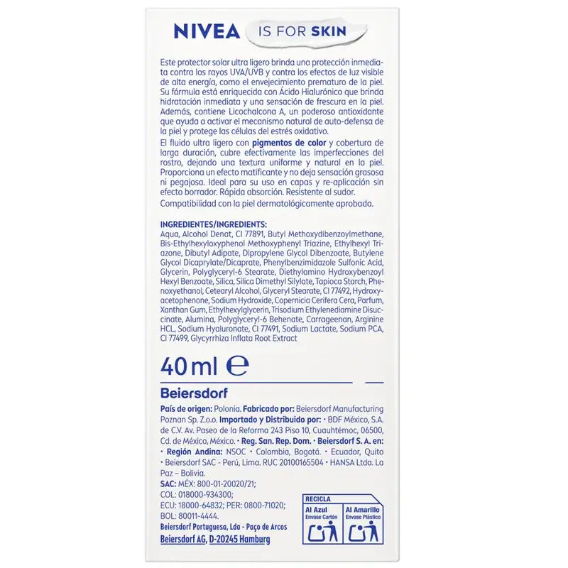 Nivea Sun Fluido Facial Diario Ultra Ligero Tono Claro Spf50+ 40Ml