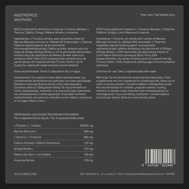 Aldous Labs Nootrópico con Ginkgo Biloba, Melena de León, Cafeína, Bacopa, Tirosina, Teanina y Huperzina A