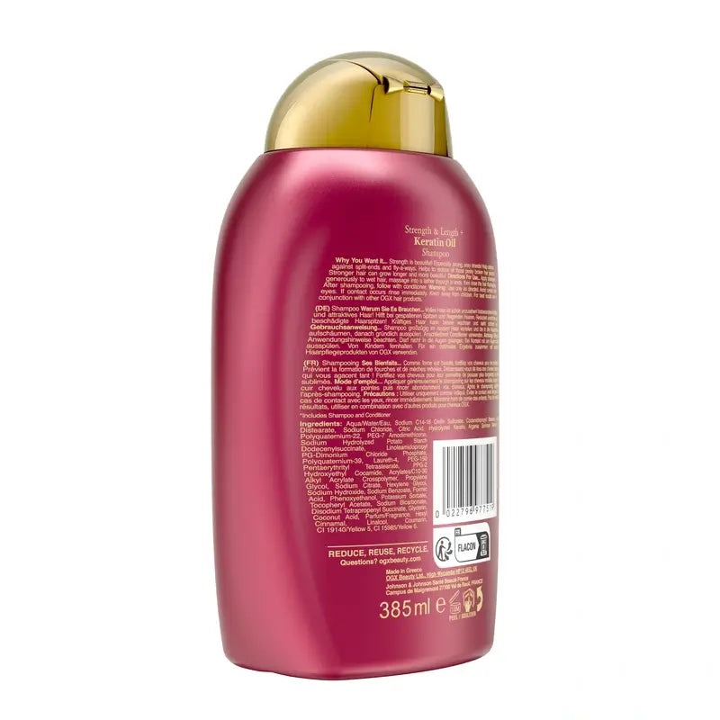 OGX Champú Aceite de Queratina, Pelo Quebradizo, Hidratante y Fortalecedor, 385 ml
