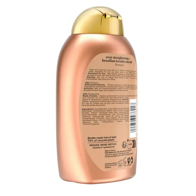 OGX Champú Queratina Brasileña, Alisa y Nutre, Cabellos Ondulados o Rizados, Suavidad y Brillo, 385ml