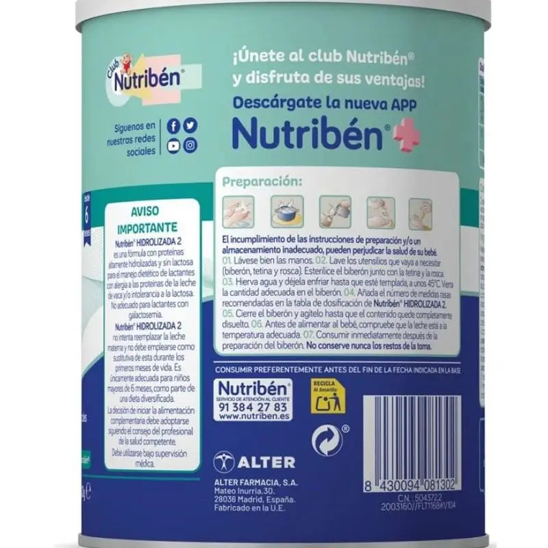 Nutribén Hidrolizada 2 Leche Continuación, 12 X 400 gr