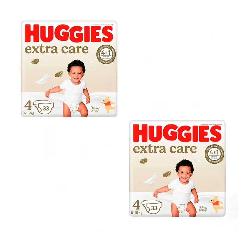 Huggies Pañal Extra Care Talla 4 (8-14Kg), Pack 2 X 66 Unidades