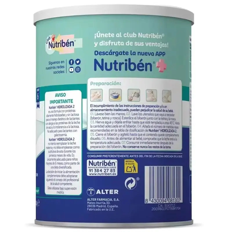 Nutribén Hidrolizada 2 Leche Continuación, 2 X 400 gr