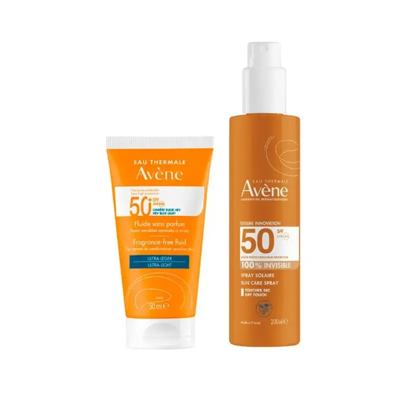 Avene Solar Fluido Sin Perfume SPF50+ 50 ml + Avene Solar Spray Pieles Sensibles SPF50+ 200 ml