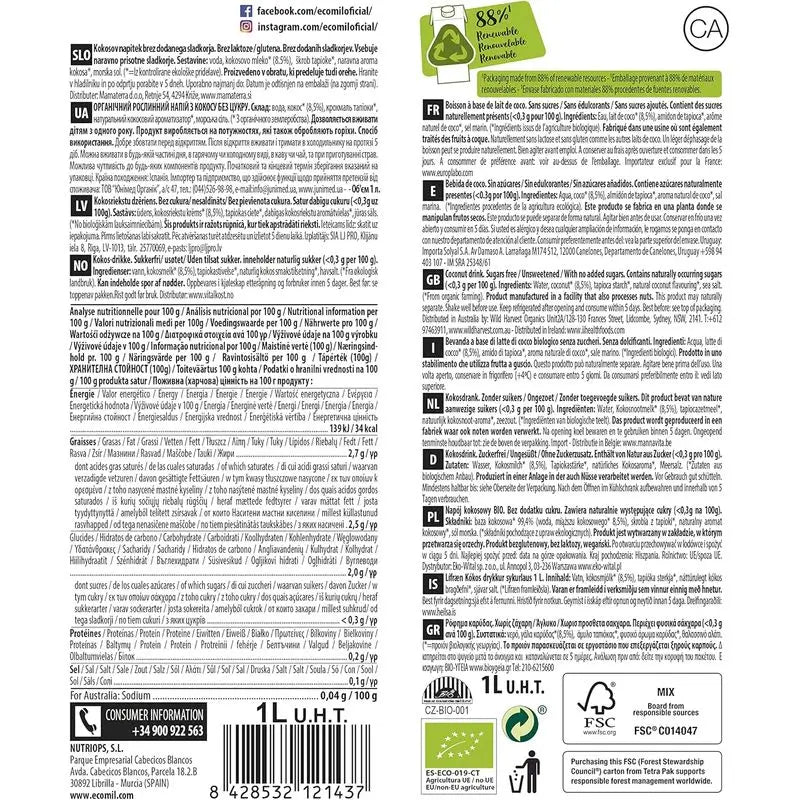 Ecomil Coconut Nature Bio, Pack 1 L x 12 Unidades