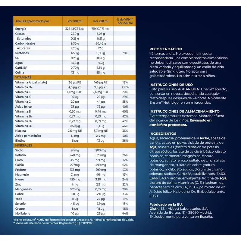 Ensure Nutrivigor Batido De Chocolate, Pack 8x220 Ml