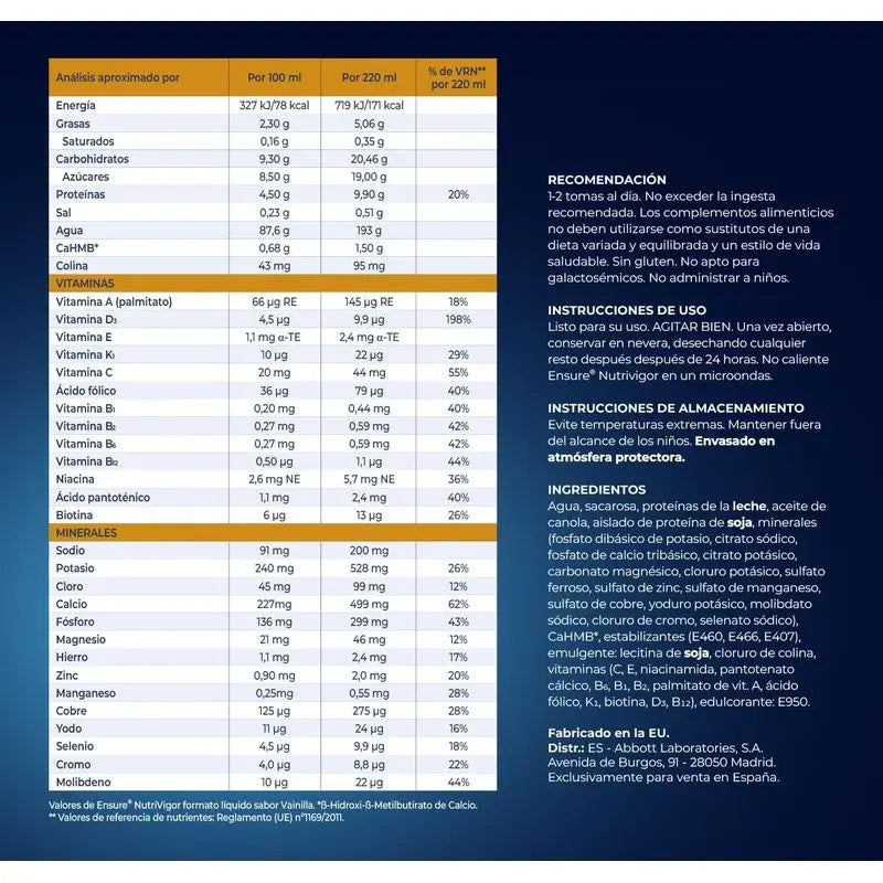 Ensure Nutrivigor Batido De Vainilla, Pack 12x220 Ml