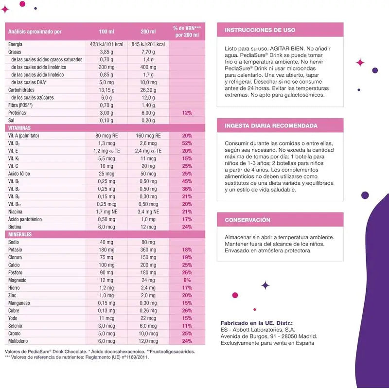 Pediasure Drink Chocolate Niños, 4 Botellas x 220 ml