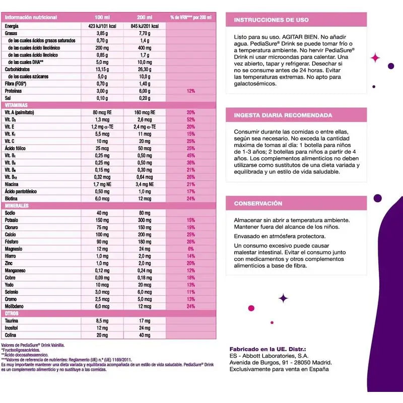 Pediasure Drink Vainilla Niños, 4 Botellas x 220 ml