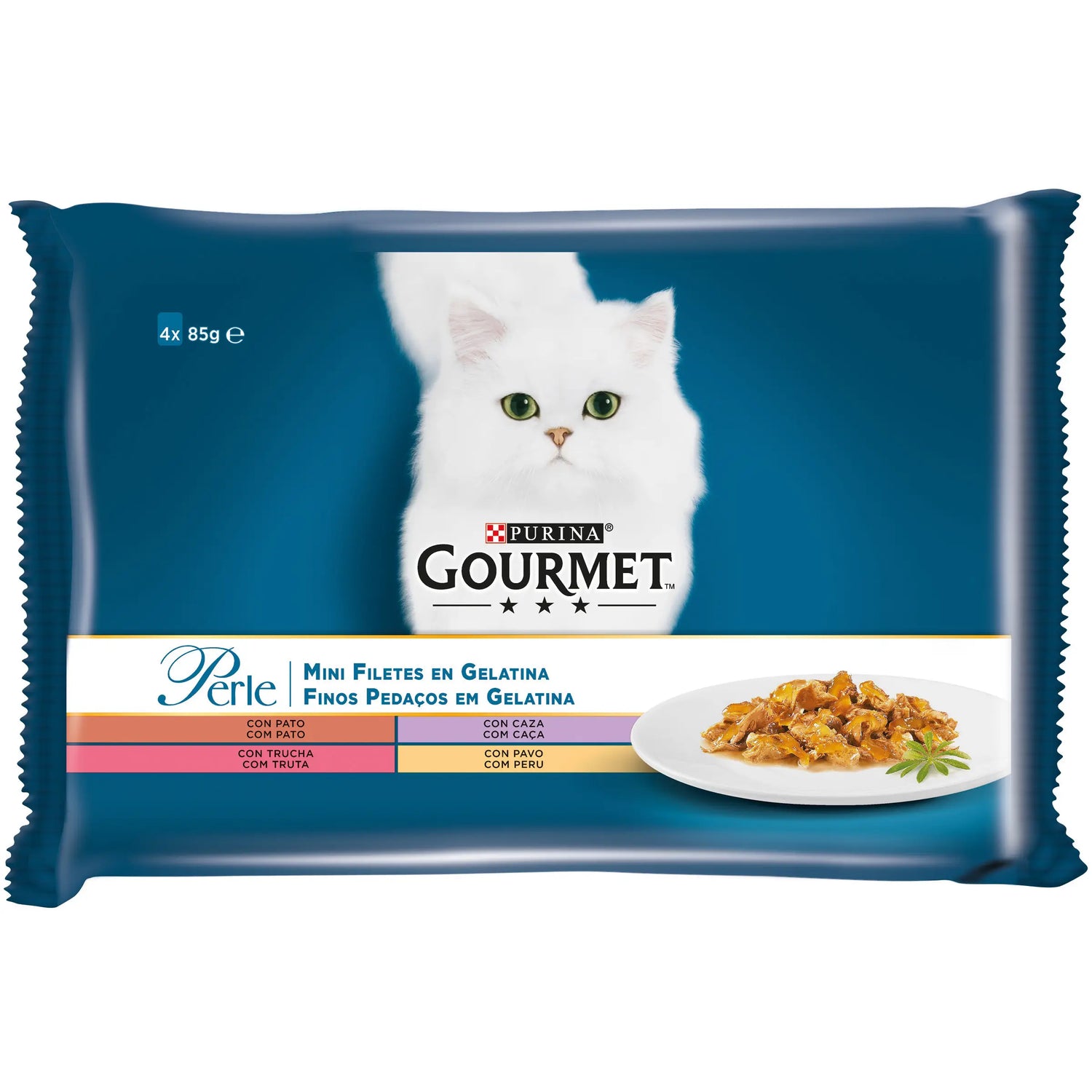 Purina Gourmet Perle Laminas Gelatina Multipack Variado 4X85Gr, comida húmeda para gatos
