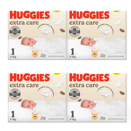 Pack 4 x Huggies Extra Care Pañal para Bebé Recién Nacido Talla 1 (3-5KG), 112 Unidades