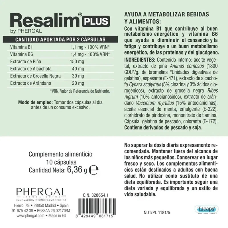 Resalim™ Plus Complemento Alimenticio Metabolizador Bebidas Alimentos - 10 Comprimidos