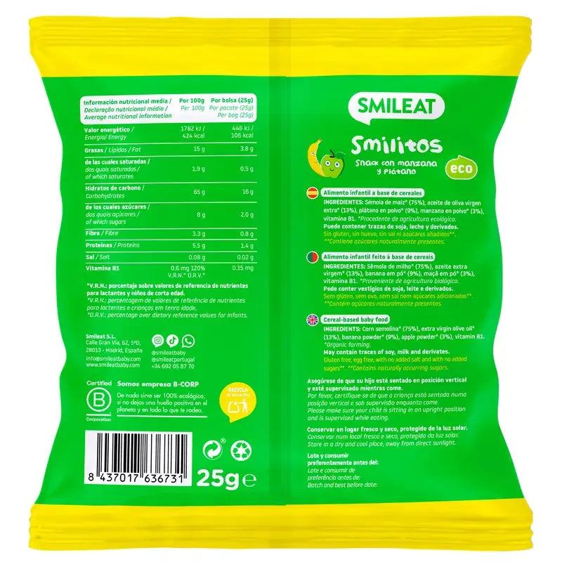Smileat Smilito Snacks Manzana Y Plátano Eco Smileat , 25 gr