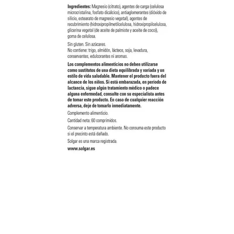 Solgar Citrato de Magnesio, 120 Comprimidos