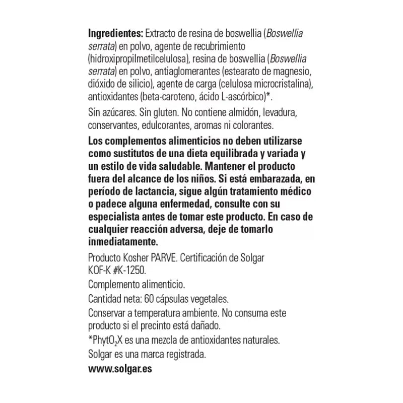 Solgar Boswellia Extracto De Resina, 60 Cápsulas