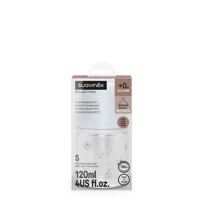 Suavinex Biberón Vidrio 120 Ml, Flujo Lento (S), +0 Meses, Poetry Azul