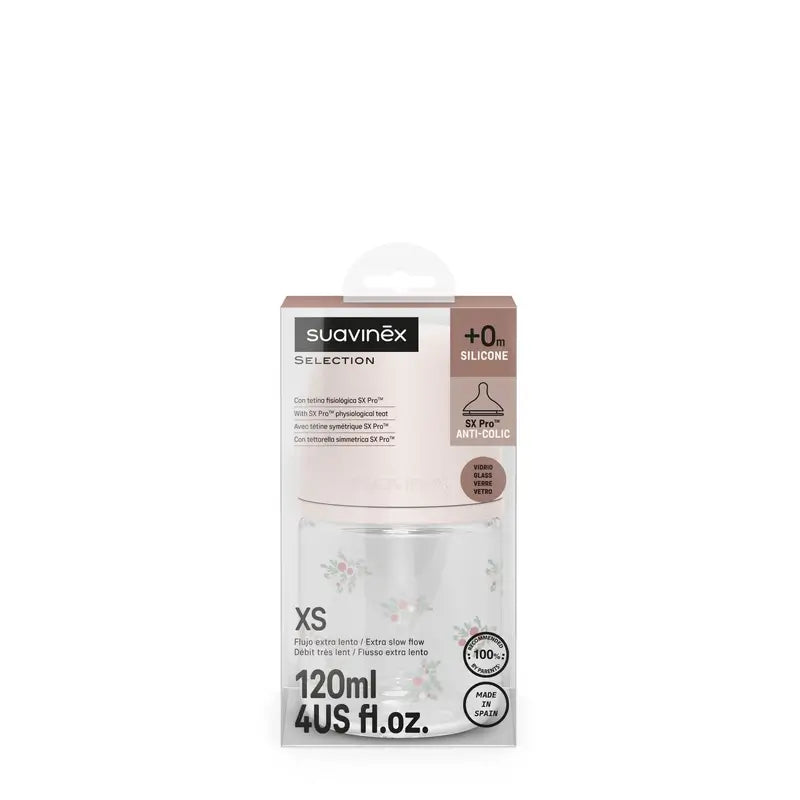 Suavinex Biberón Vidrio 120 Ml, Flujo Lento (S), +0 Meses, Poetry Rosa
