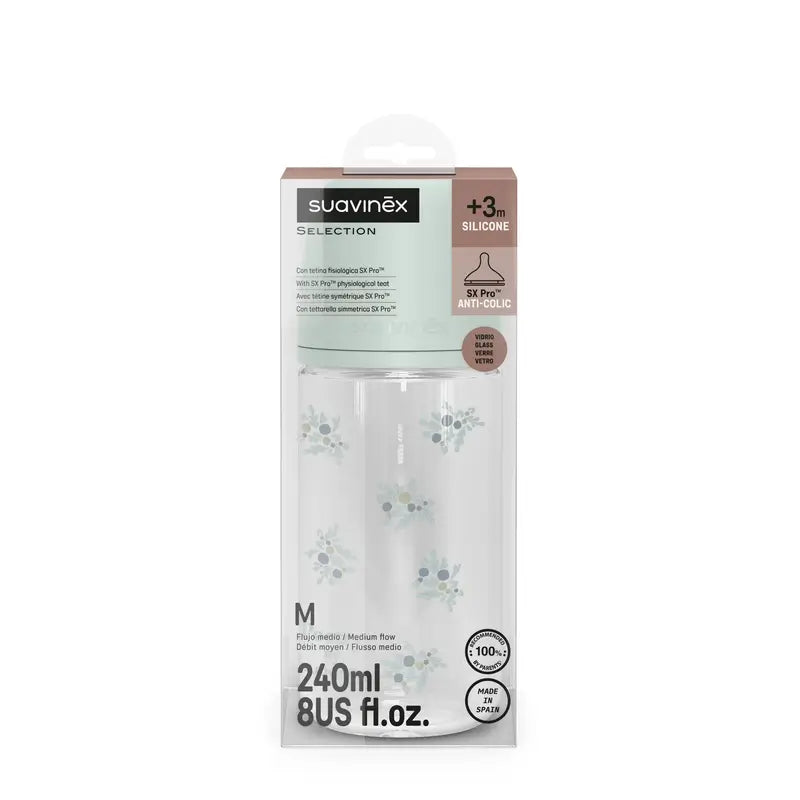 Suavinex Biberón Vidrio 240 Ml, Flujo Medio (M), +3 Meses, Poetry Azul