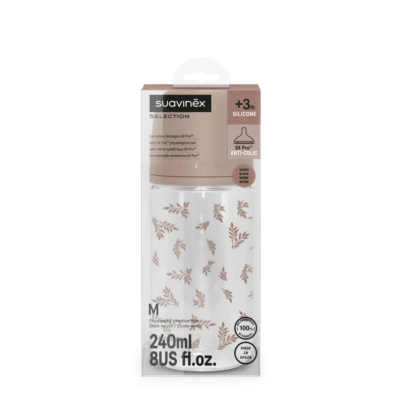 Suavinex Biberón Vidrio 240 Ml, Flujo Medio (M), +3 Meses, Poetry Beige