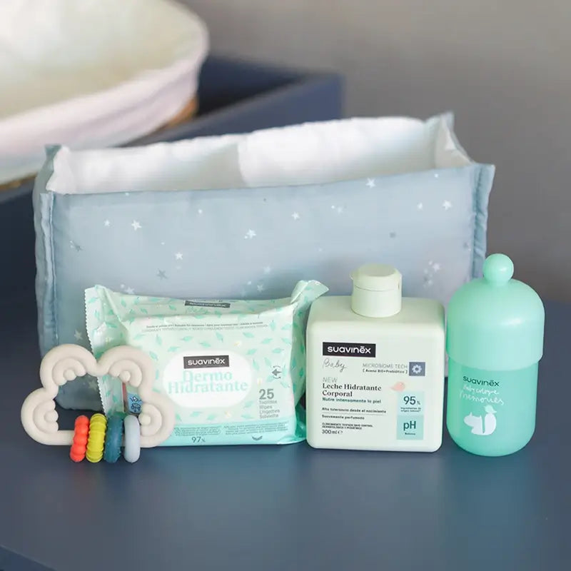 Suavinex Regalo Bebés Leche 300 Ml + Baby Cologne Memories 100 Ml + Toallitas + Mordedor, Azul