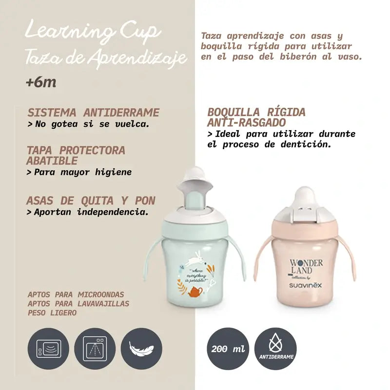 Suavinex Vaso Aprendizaje Bebé Boquilla Rígida Antidesgarro, 200 Ml, +6 Meses, Verde Wonderland