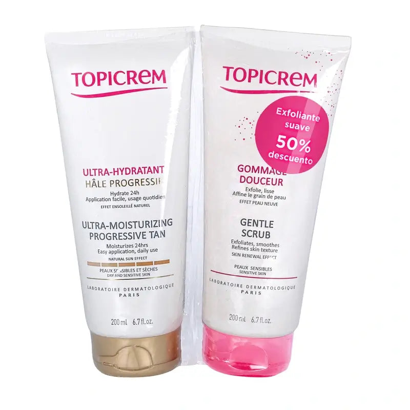 Topicrem Pack Ultra Hidratante Bronceado Progresivo 200 Ml + Exfoliante 200 Ml