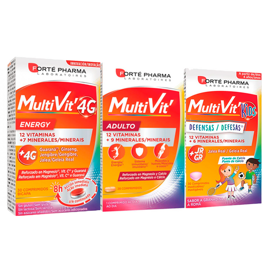 Forté Pharma Pack Familia Multivit Junior + Adulto + 4G Defensas, 30+28+30 comprimidos